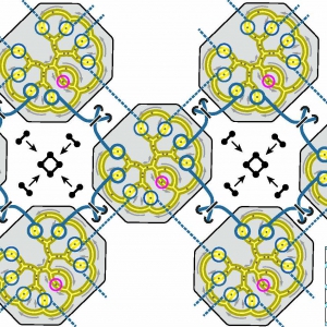 Schematic showing advanced ion trap chips, each a 2D grid of pathways along which atoms travel, networked together to form a computer